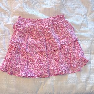 pink and white floral ruffle skirt